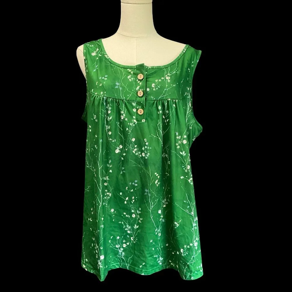Green Floral Print Tank w/ Wooden Button Detail - Picture 1 of 2